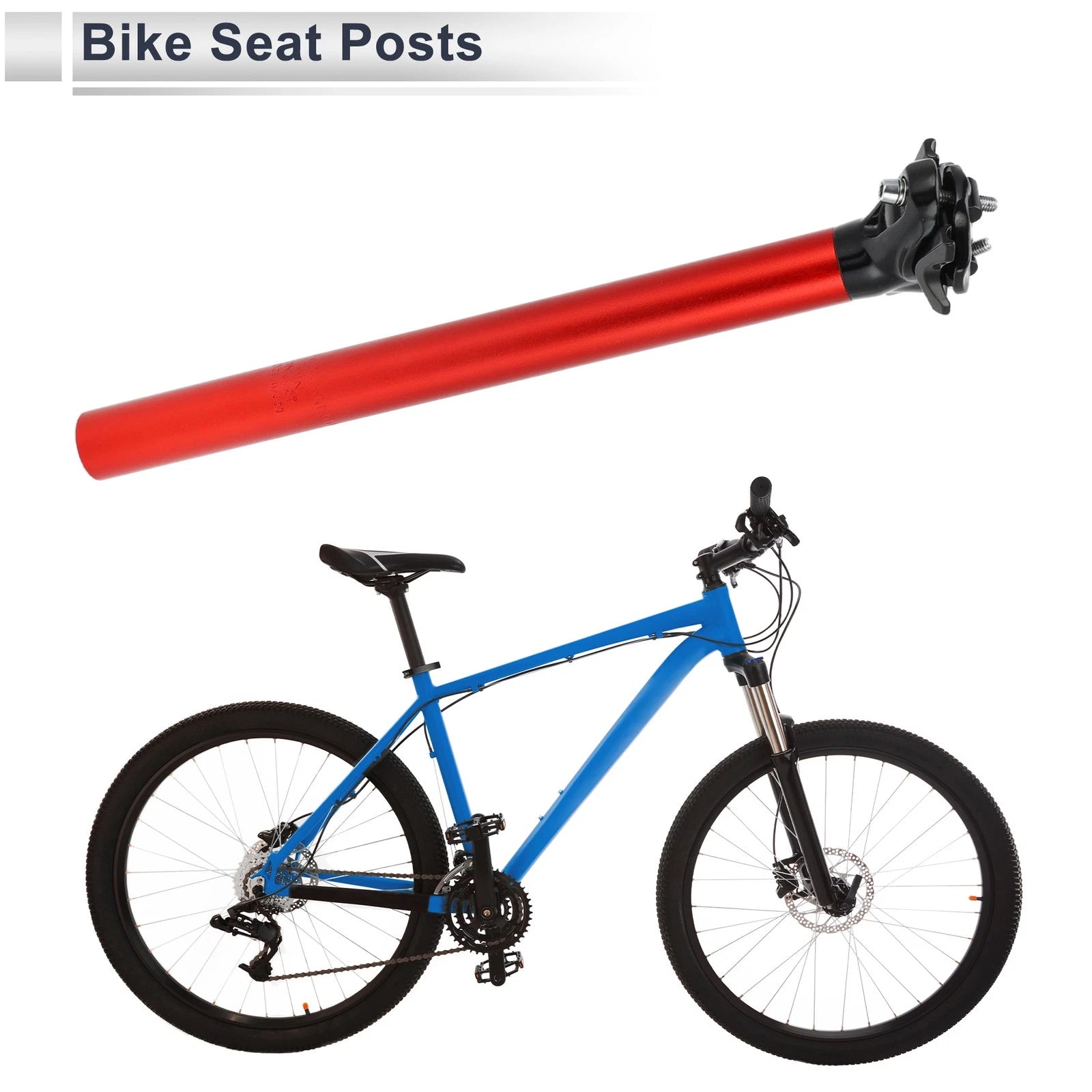 Bike Seat Post 28.6x350mm Adjustable Replacement with Fixing Clip Red Alloy