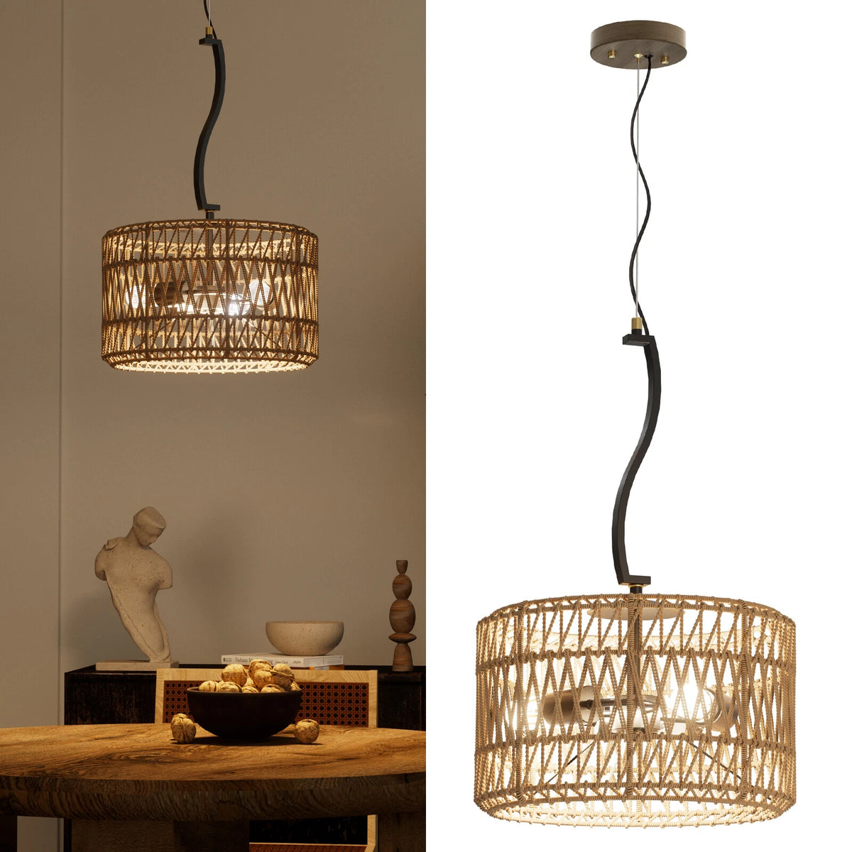 3-Light LED Pendant Light Fixture for Boho Rattan Style