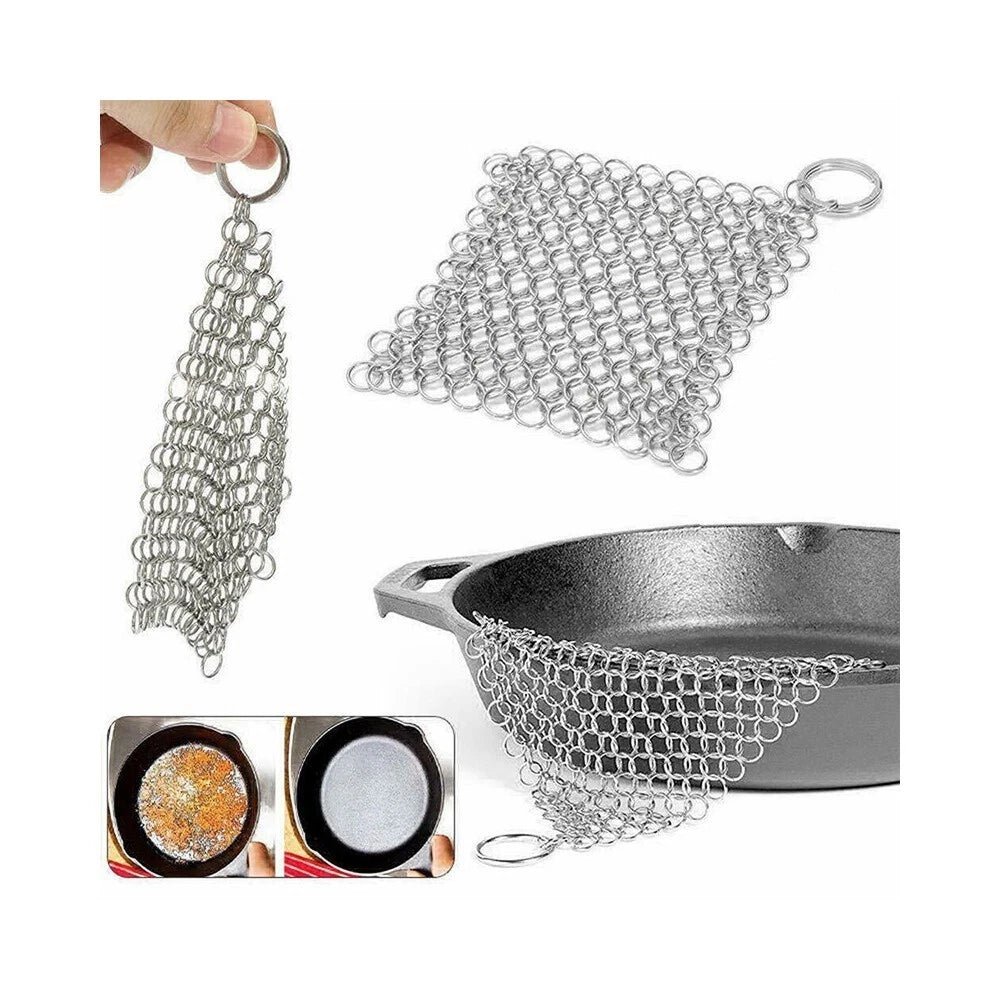 Stainless Steel Chain Mail Cleaner for Cast Iron Pans (8x6in)