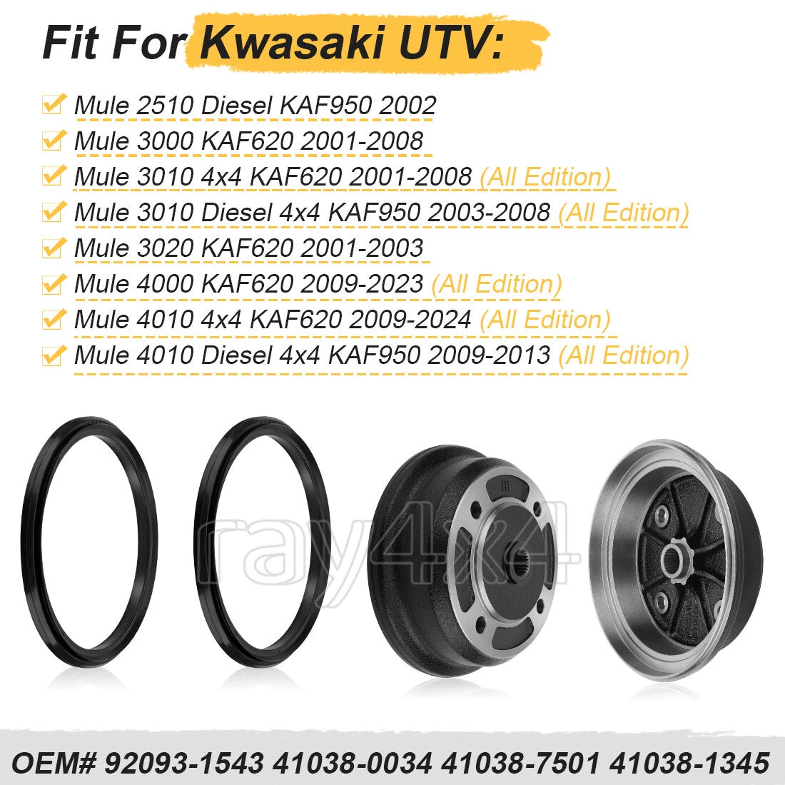 2 Front Brake Drum Hub w/Seals for Kawasaki Mule KAF620 KAF950 (2001–2008)