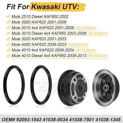 2 Front Brake Drum Hub w/Seals for Kawasaki Mule KAF620 KAF950 (2001–2008)