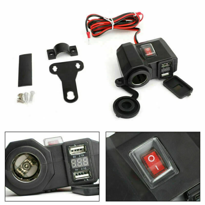 USB Charger Power Adapter Socket with Voltmeter for Motorcycle (12V/24V)