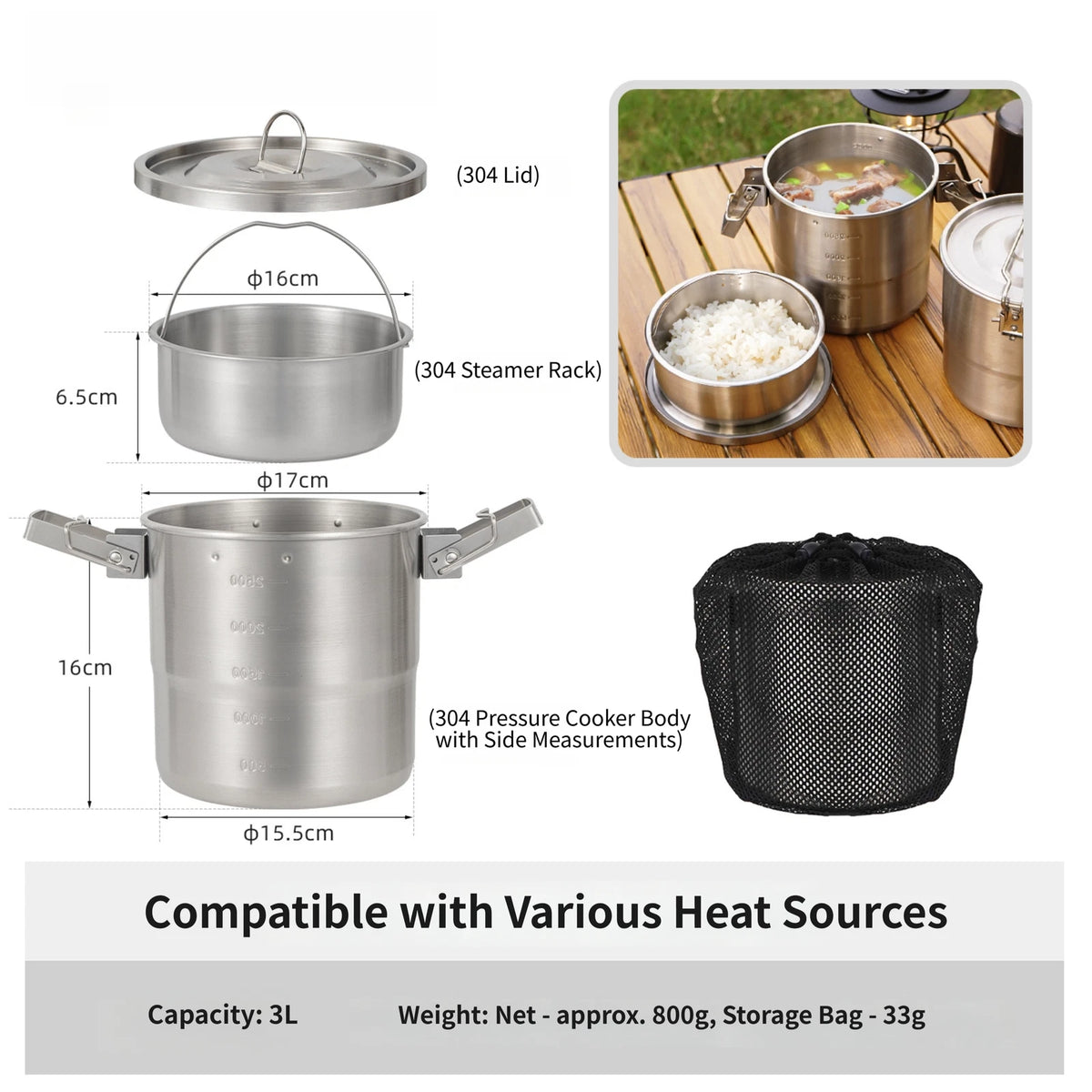 Stainless Steel 3L Cookware Pot for Camping (Lightweight, Portable, 304 Grade)