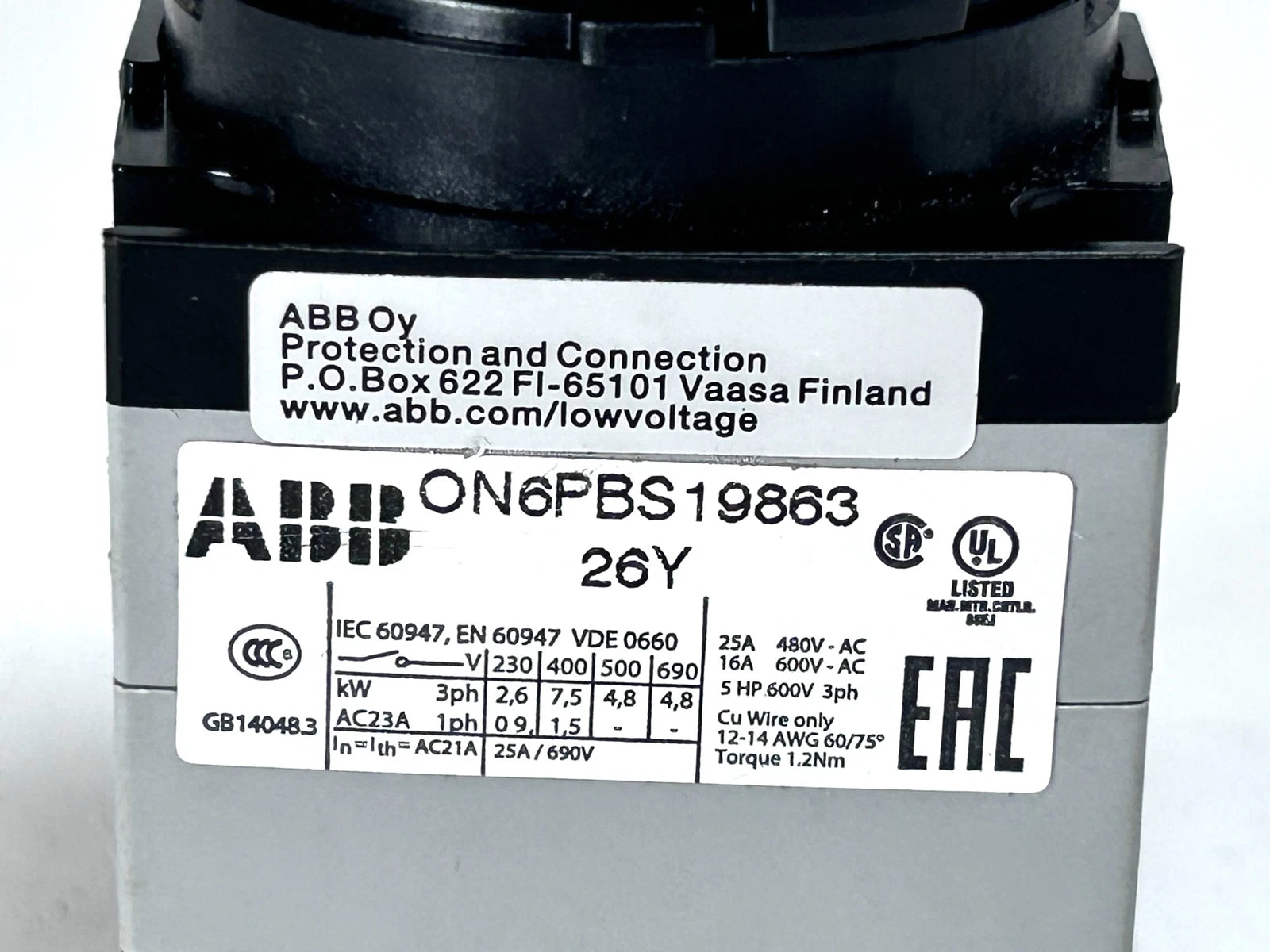 On/Off Mode Selector Switch for ABB ON6PBS19863 (480/600V)