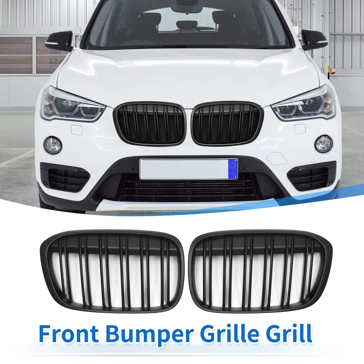 Front Upper Bumper Grille Grill Pair for BMW X1 F48 (2016–2022) Matte Black