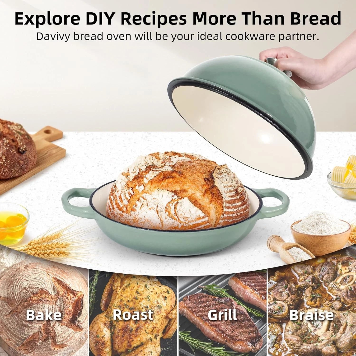 5.5QT Dutch Oven for Davivy (2023) with Silicone Oven Mitts Sea Salt Green