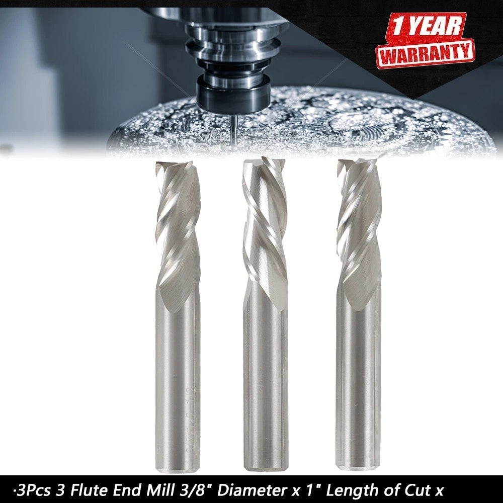 3Pcs 3 Flute End Mill 3/8" Diameter for Automotive Applications