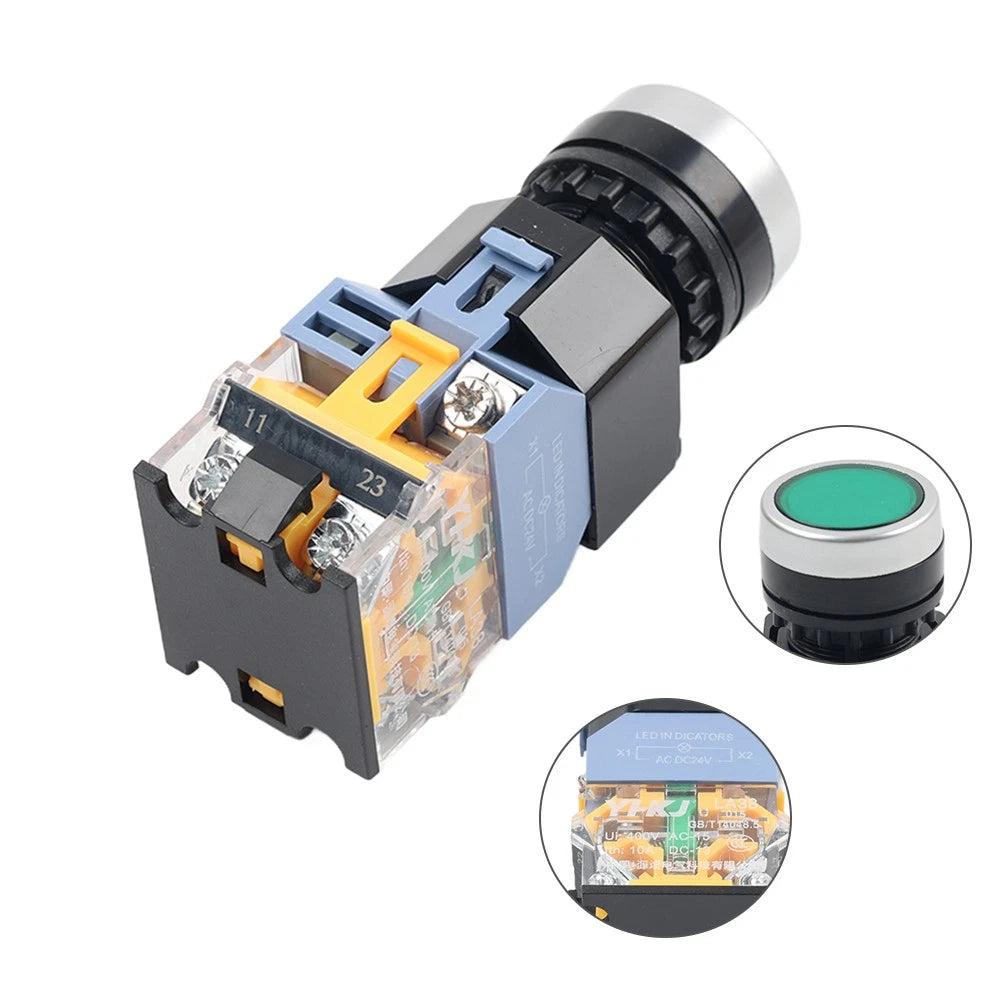 Momentary Flat Head Push Button Switch DC 24V 10A with Light Green Button