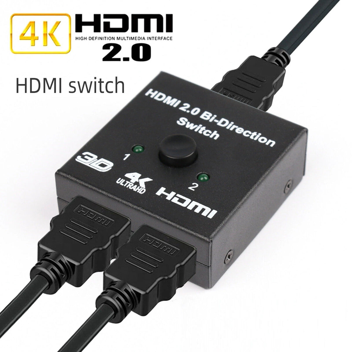 2 in 1 Out Bi-directional HDMI 2.0 Switch for HDTV PC Screen Splitter