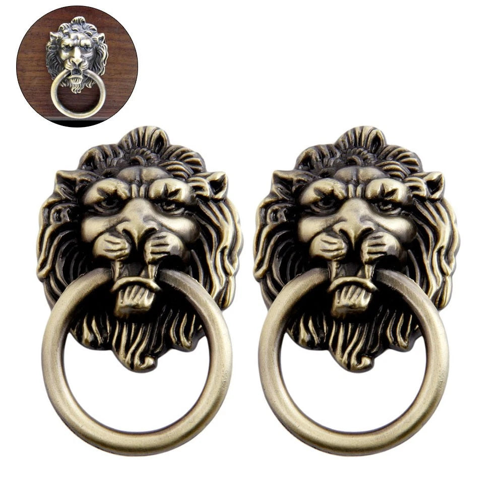 2X Antique Bronze Lion Head Door Pull Handle Ring for Cabinet Furniture
