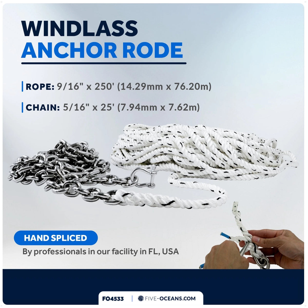 Windlass Anchor Rode 9/16"x250' Rope & 5/16"x25' G4 Chain for Marine Use