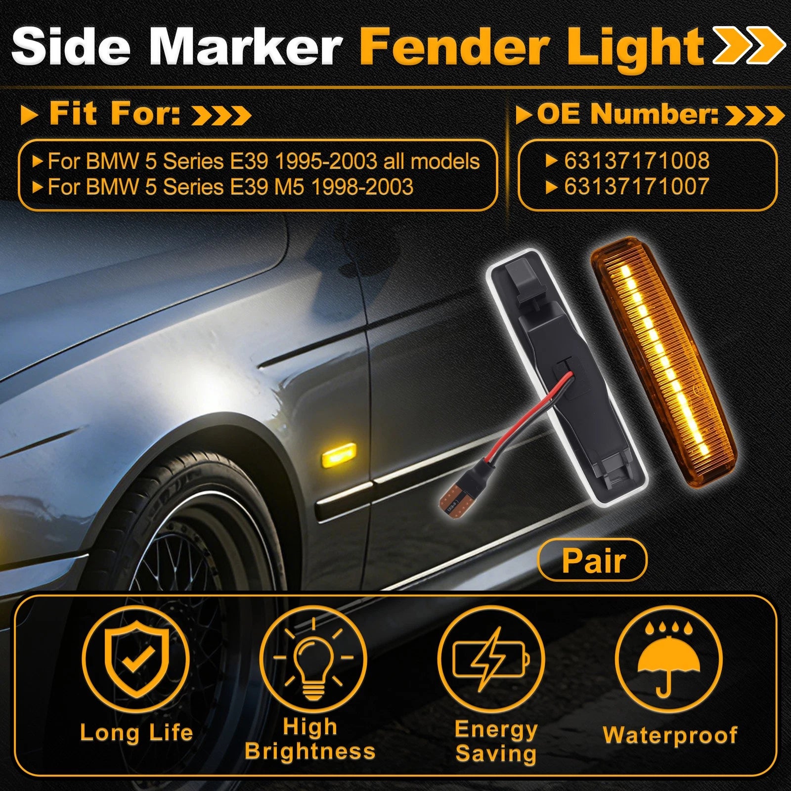 Side Marker Light Front Left for BMW 5 Series E39 (1995–2003) Transparent