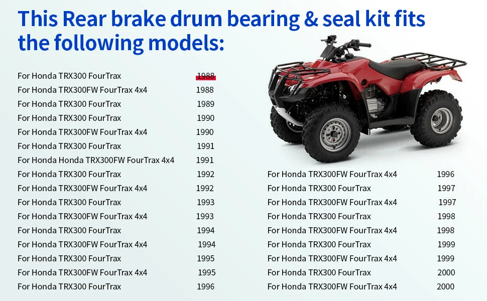Rear Brake Drum Bearing Seals Kit for Honda Fourtrax 300 TRX300 (1988–2000)