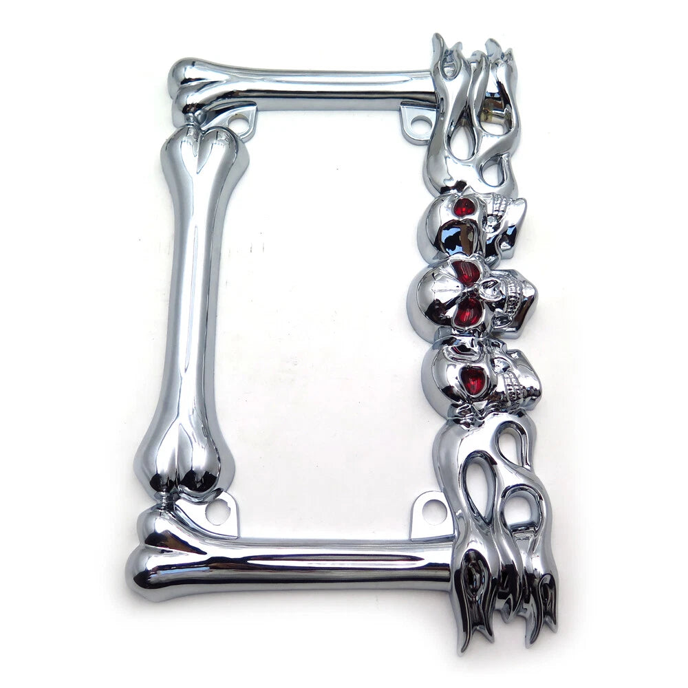 Skull & Flame License Plate Frame for Motorcycle (Chrome)