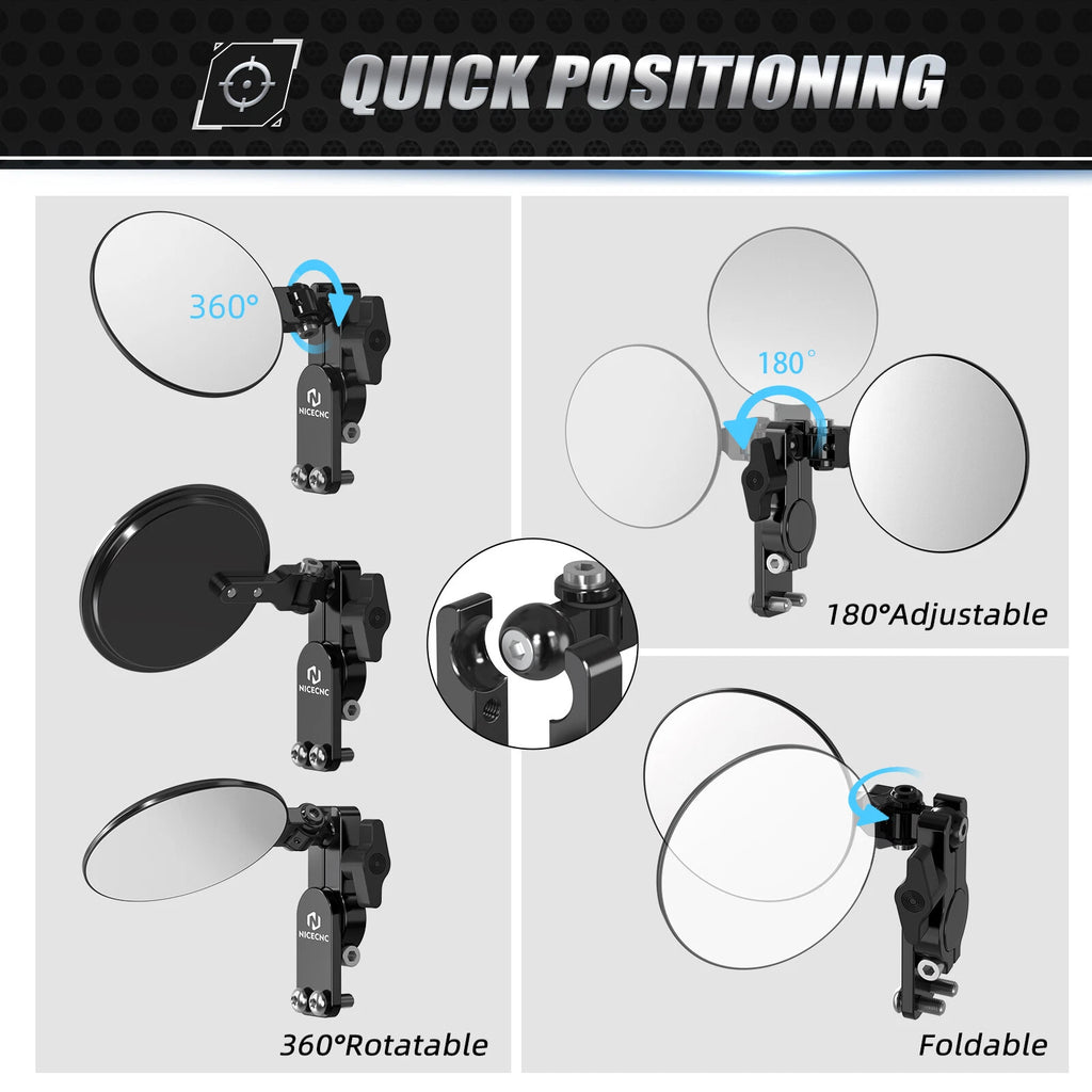 Foldable Round Quick Flip Mirrors Kit for Universal Motorcycle (All Years)