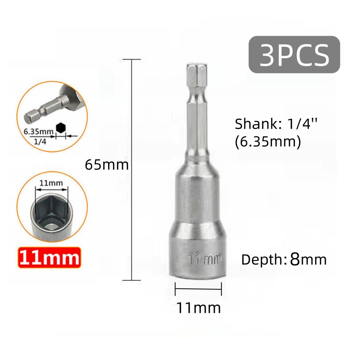 3pcs 1/4" Shank Magnetic Hex Socket Driver Adapter Tool Bits