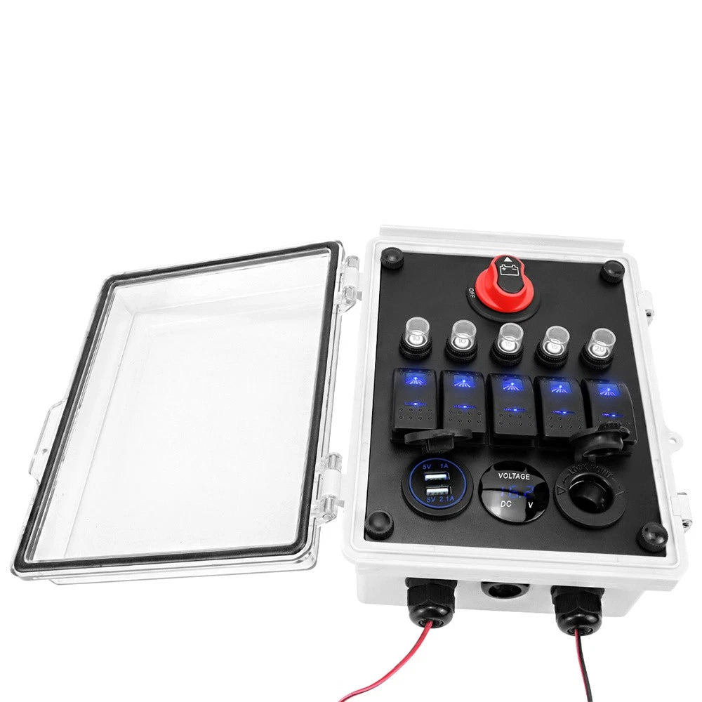 5 Gang Rocker Switch Panel with USB Charger & LED Voltmeter for Universal Use