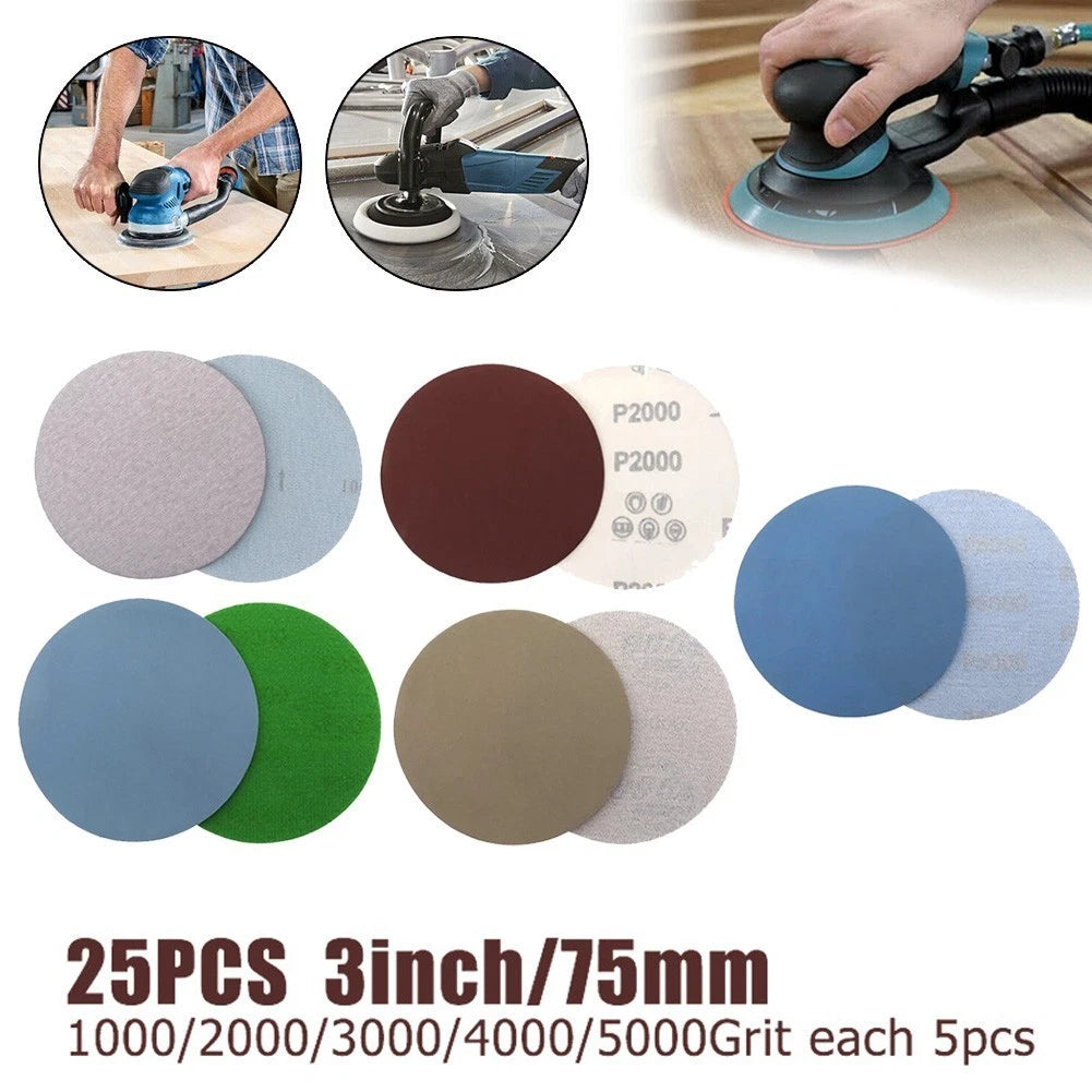 25X 75mm Hook & Loop Sanding Discs for Orbital Sander (1000-5000 Grit)