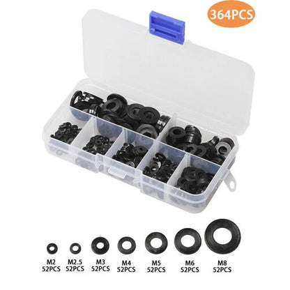364 Pcs Black Nylon Rubber Flat Ring Washer Gaskets for Metric Bolts (M2-M8)