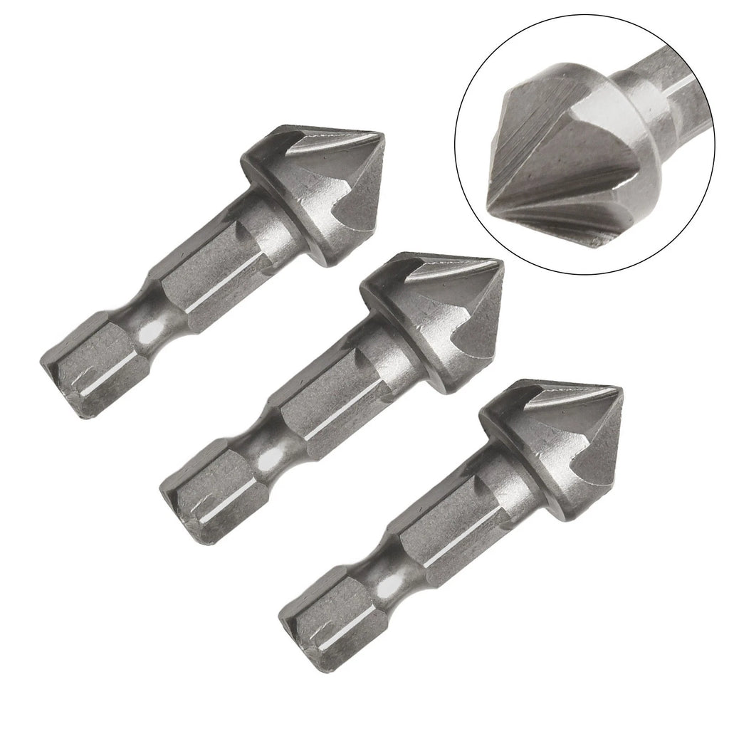 3pcs Countersink Drill Bit Set 6 Flute 6.35mm Hex Shank Burr Removal