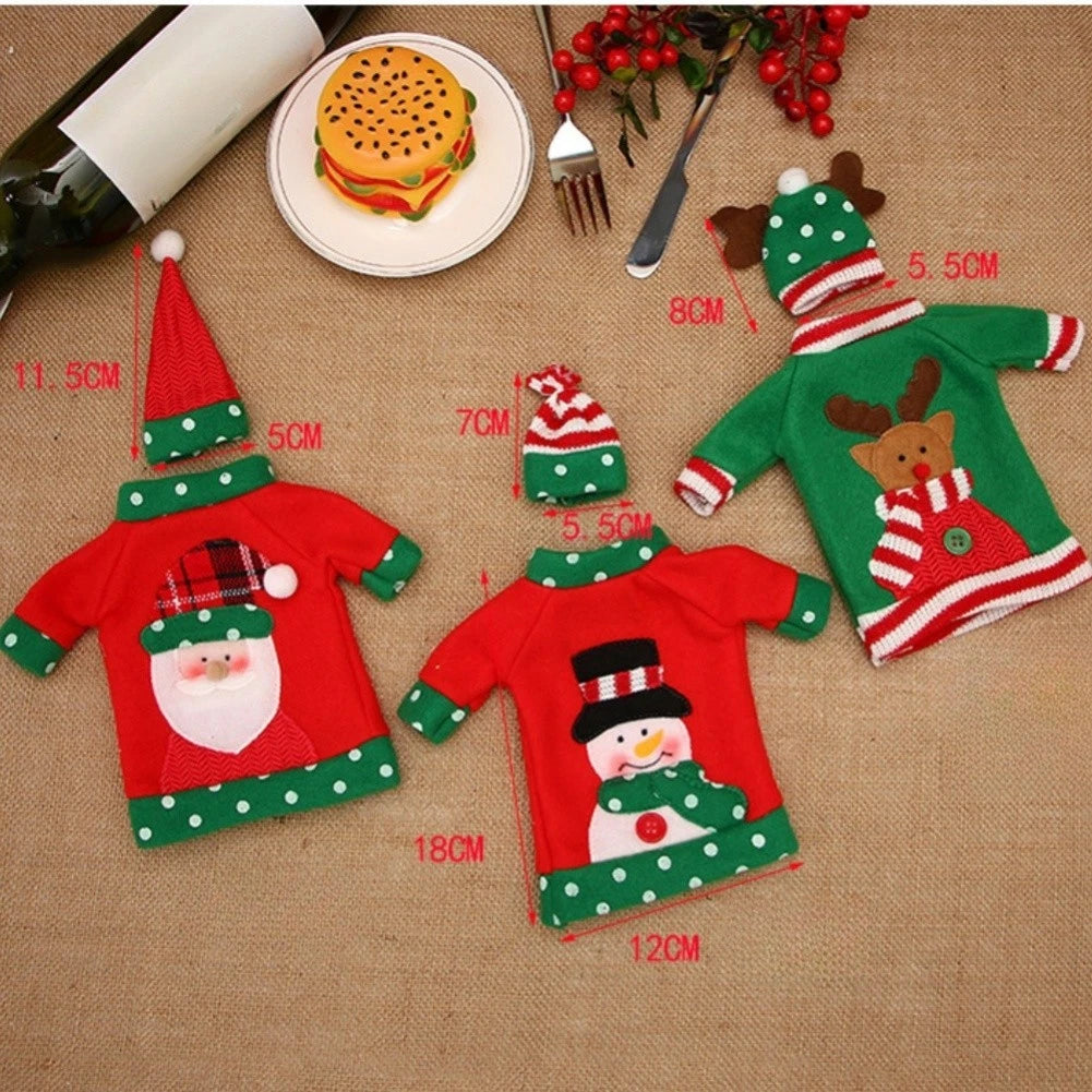 Set of 3 Snowman Elk Wine Bottle Covers for Holiday Table Setting