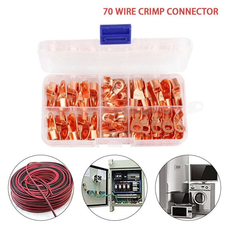 70pcs Set Copper Tube Terminals Ring Lug Crimp Battery Connectors