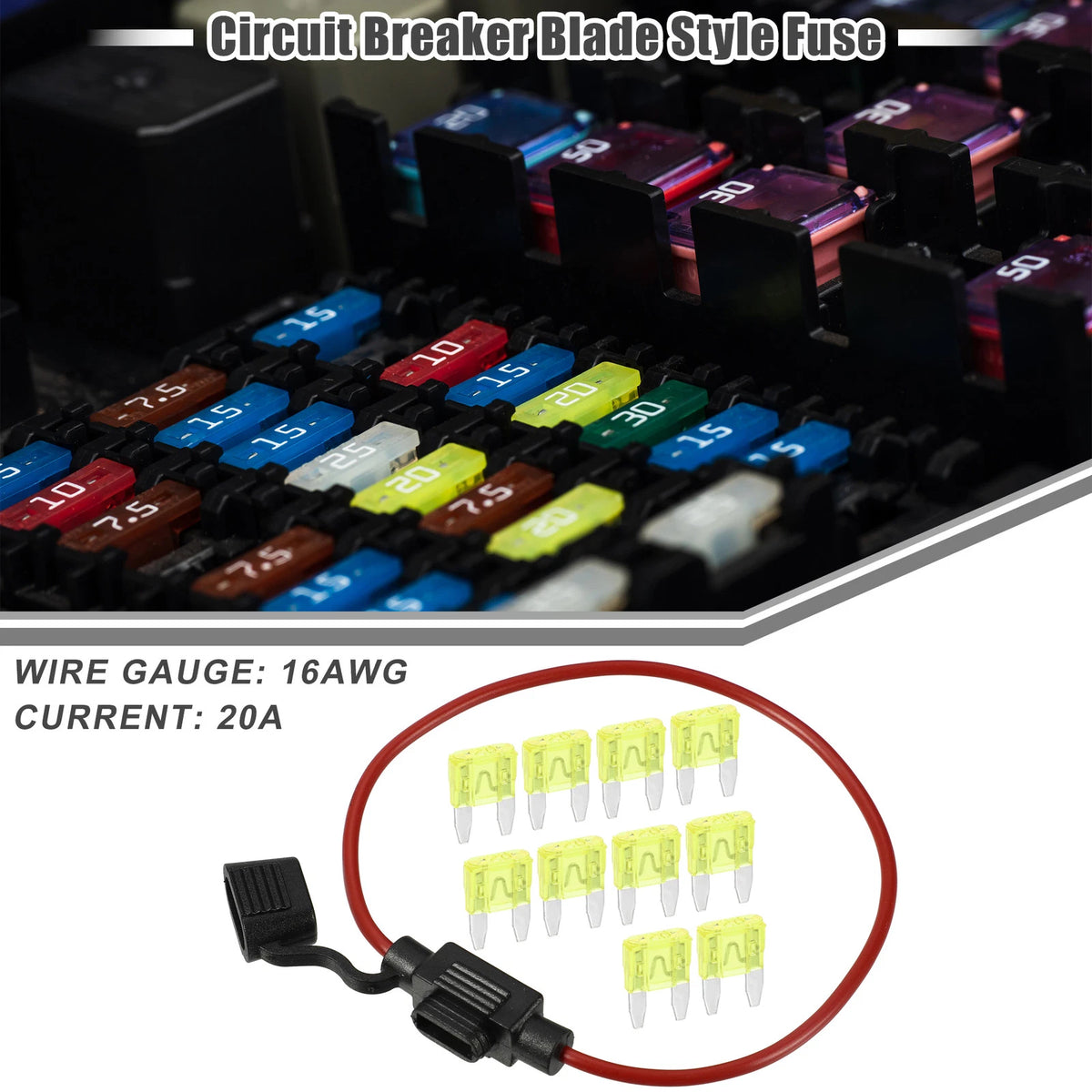 Set of 20A Mini Blade Fuses with 16 AWG Fuse Holder for Universal Use