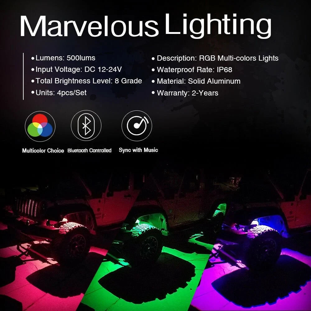 8x RGB LED Rock Lights for Offroad Vehicles - Wireless Bluetooth Controller