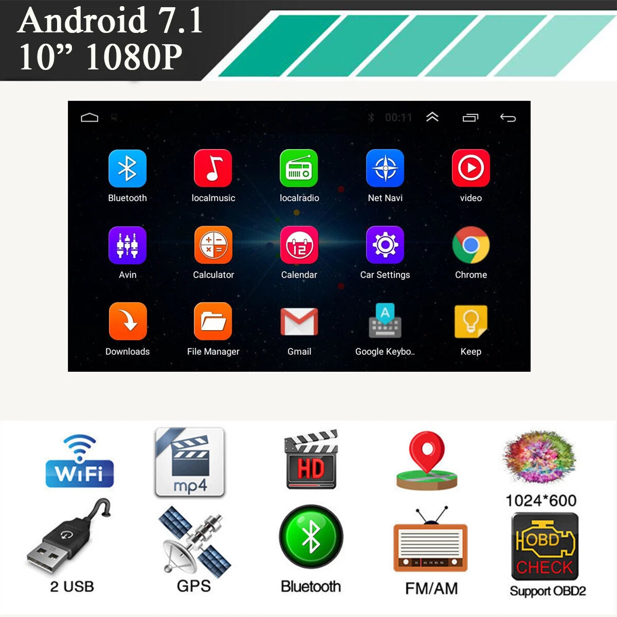 Android 7.1 10.1" Quad-Core 1+16G Car Stereo GPS MP5 Player Mirror Link OBD WIFI