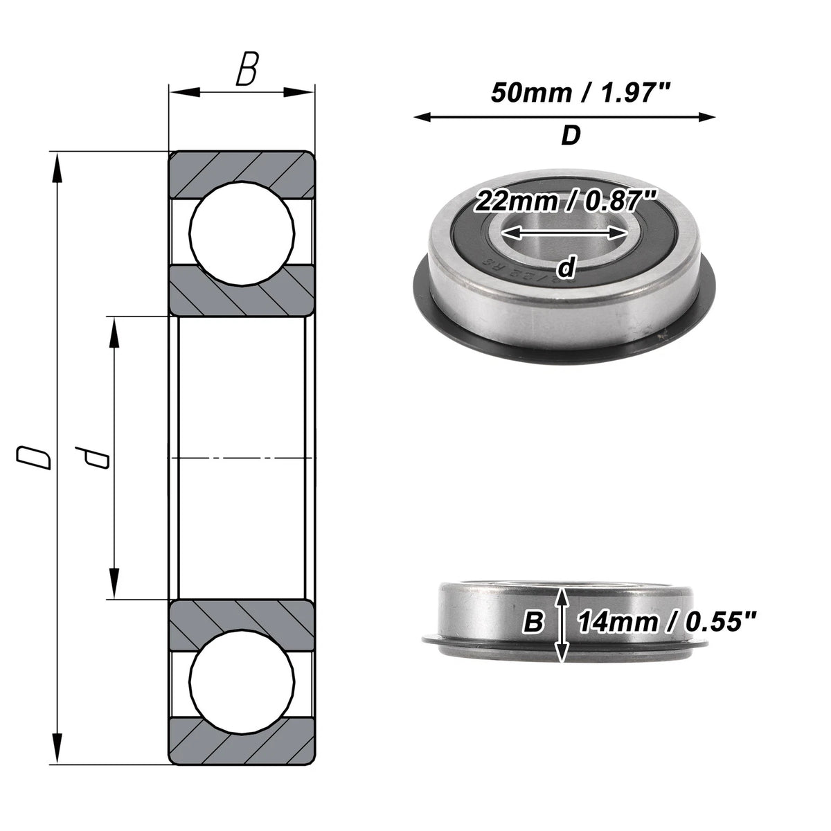 Deep Groove Ball Bearing 22x50x14mm for Scooter Skateboard (1 Pc)