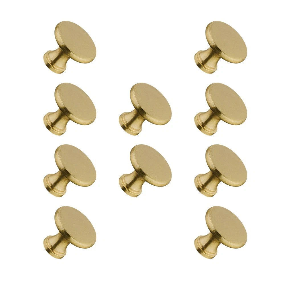 10 Pack Solid Brass Cabinet Knobs Brushed Satin Gold 1.18 Inch Diameter