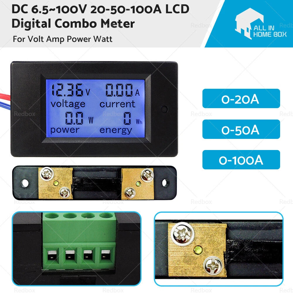 LCD Digital Volt Amp Power Watt Meter for DC 6.5-100V (20A, 50A, 100A)
