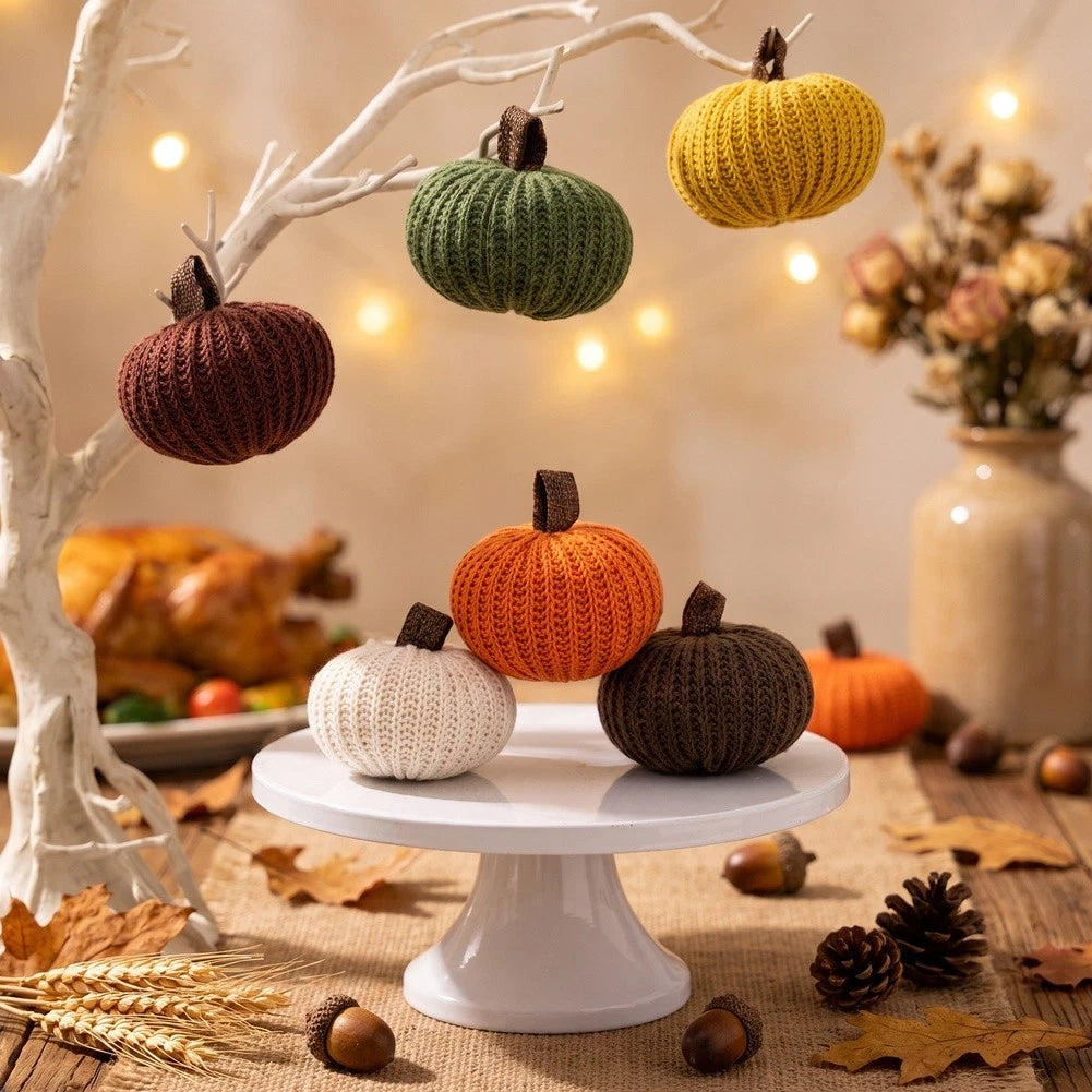 Set of 6 Handmade Knitted Pumpkins for Autumn Tabletop Display