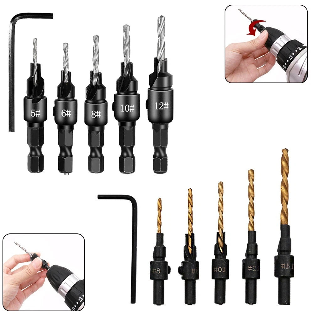 Set of 5 Countersink Drill Bits for Screw Sizes 5-14#