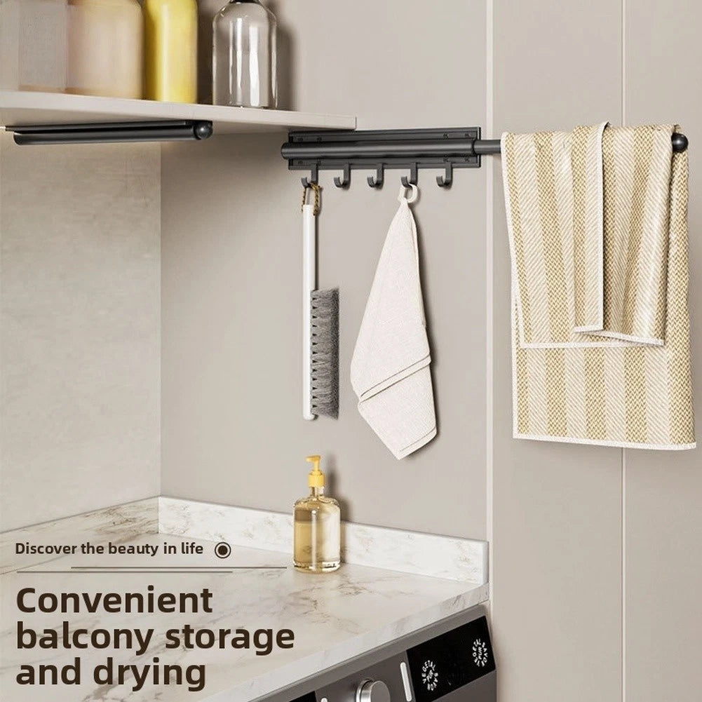 Space Saving Wall Mounted Clothes Rack with Adjustable Length and Hooks
