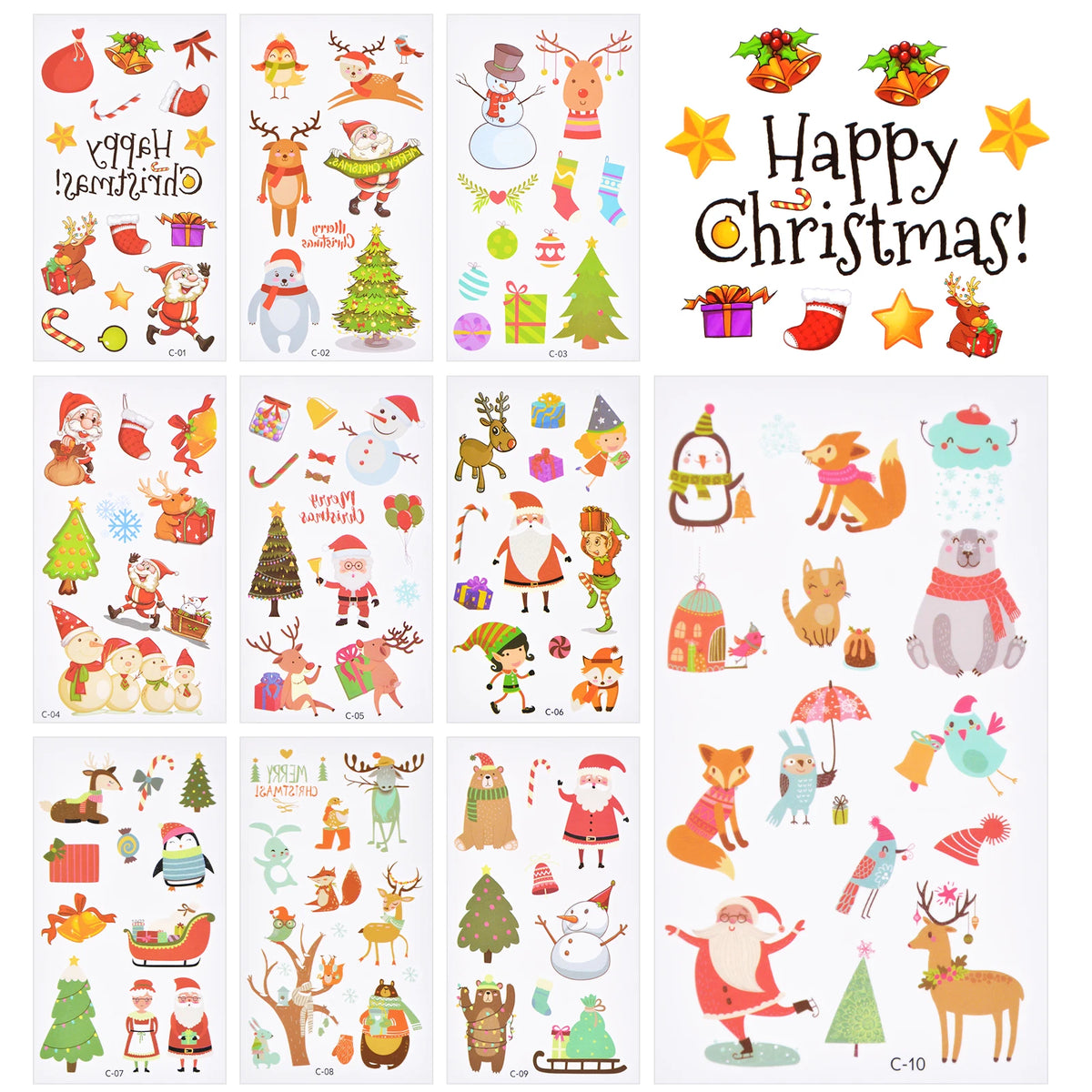 10 Sheets Waterproof Christmas Temporary Tattoos for Kids