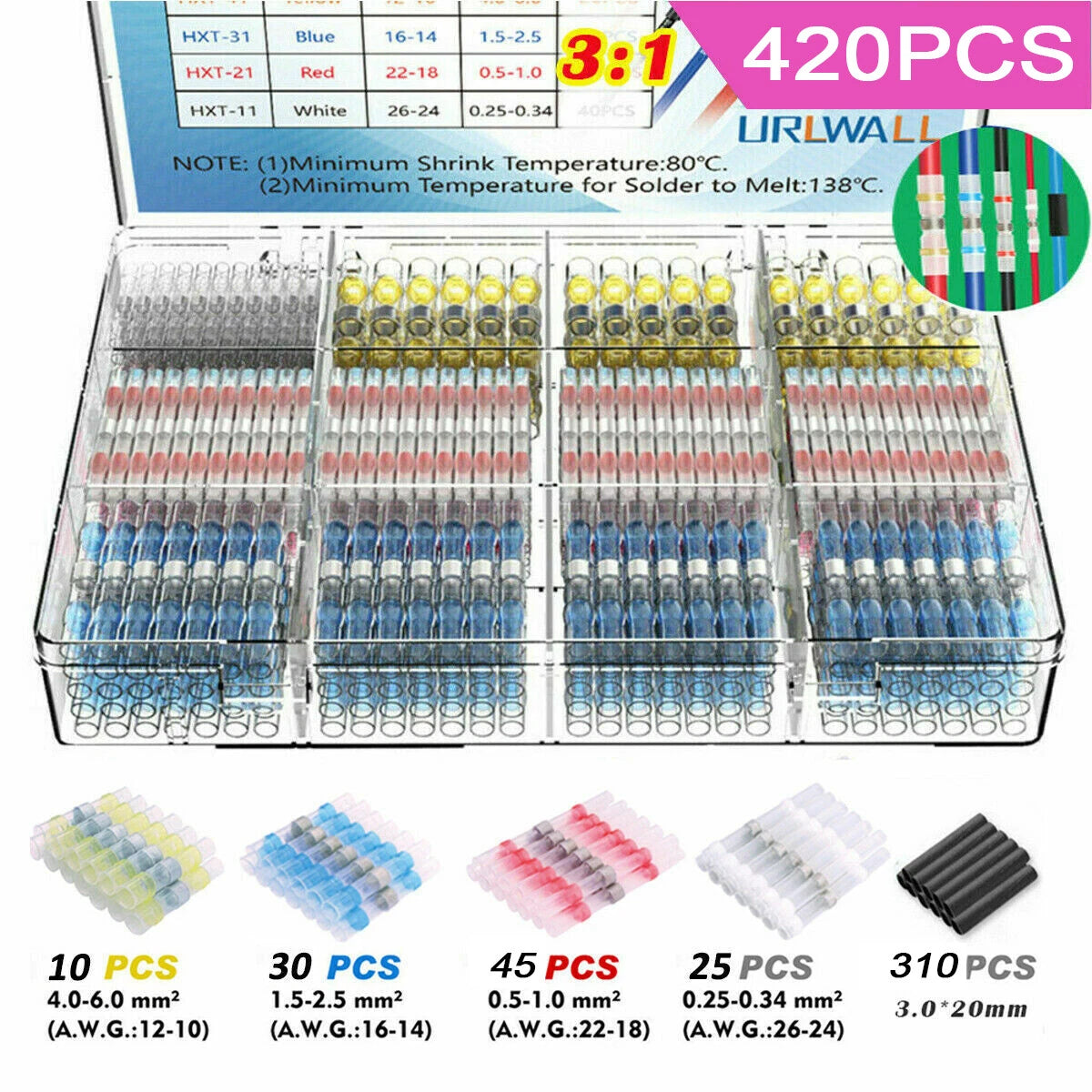 420pcs Waterproof Heat Shrink Wire Connectors Butt Terminals