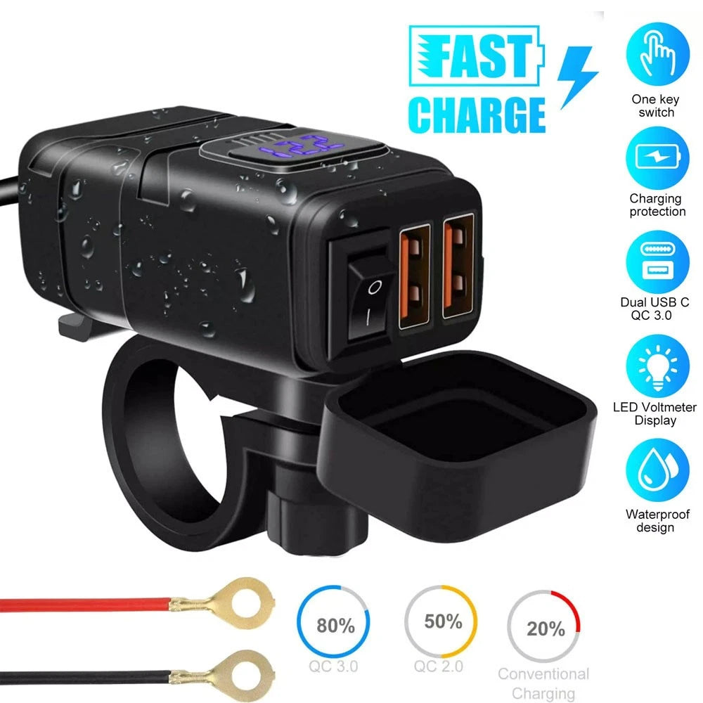 Dual USB Fast Charger Adapter with Voltmeter for Motorcycle (12V)