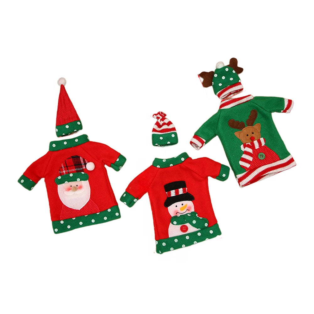 Set of 3 Snowman Elk Wine Bottle Covers for Holiday Table Setting
