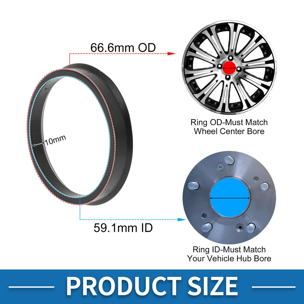 Set of 4 Wheel Hub Centric Rings 66.6mm to 59.1mm Black Polycarbonate