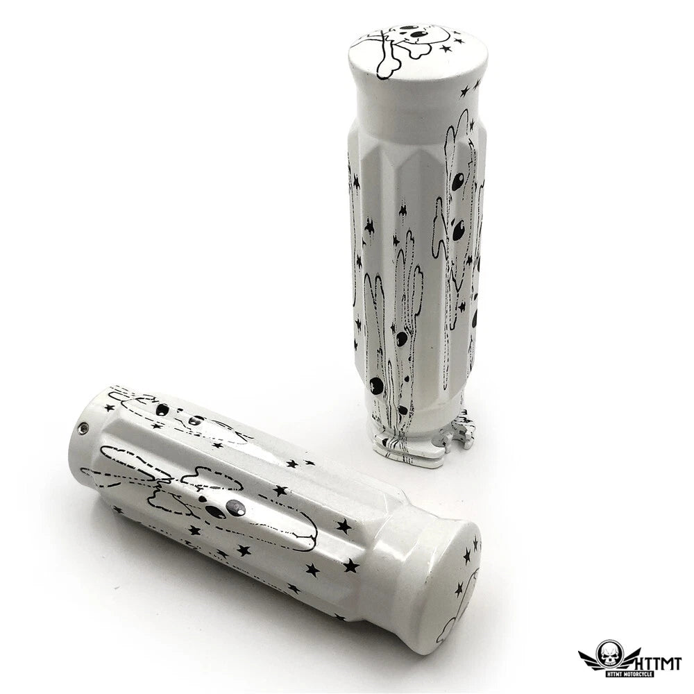 1" White Skull Star CNC Handle Bar Grips for Harley