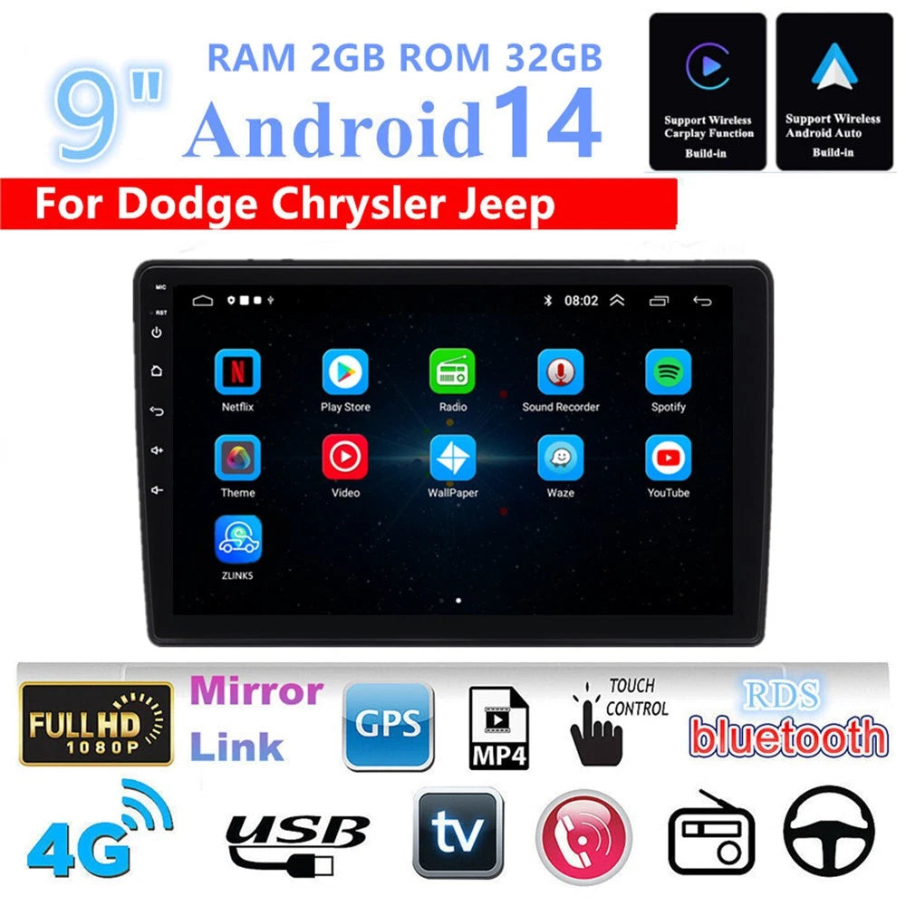 9'' Android 14 2+32GB Stereo Radio GPS Navi Head Unit For Dodge Chrysler Jeep