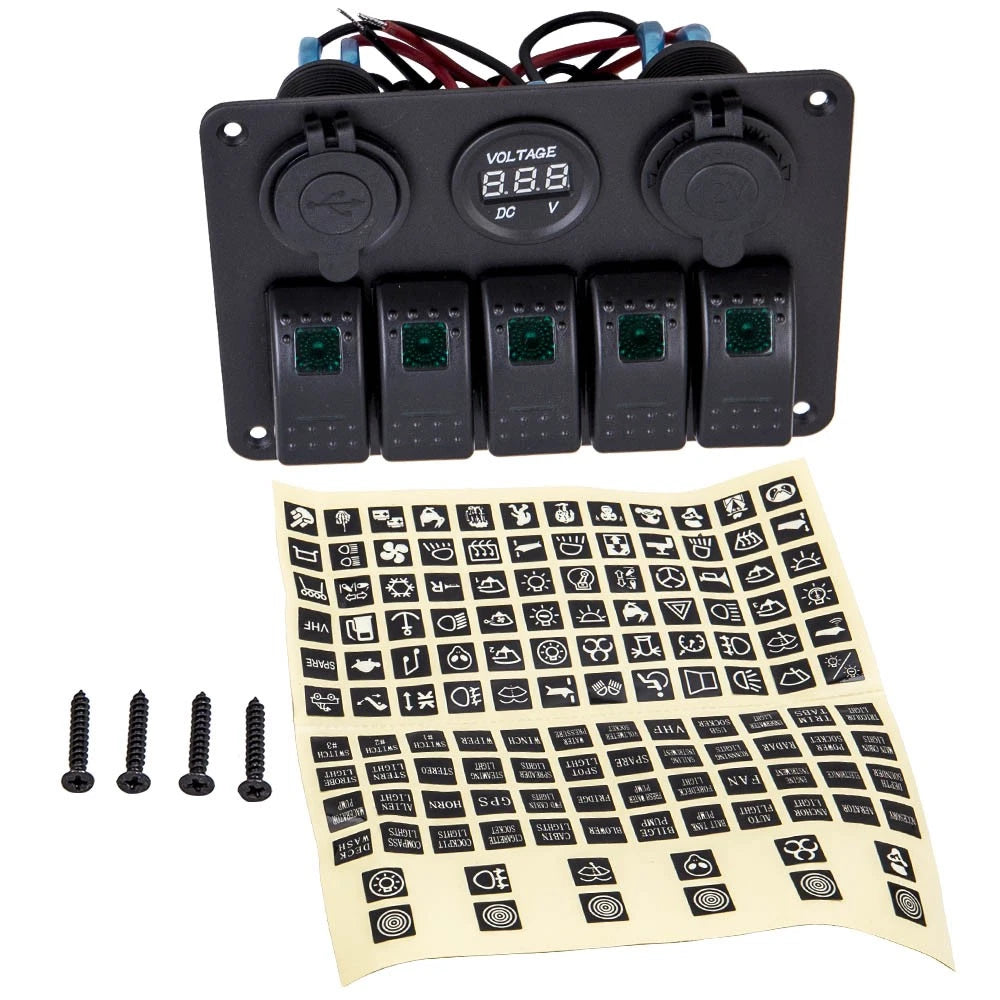 5 Gang LED Toggle Switch Panel with 2 USB Charger for Car Boat Marine