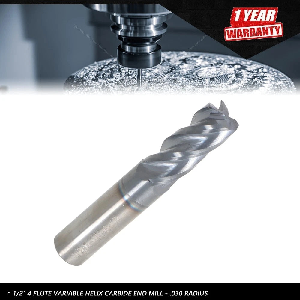 1/2" 4 Flute Variable Helix Carbide End Mill - .030 Radius