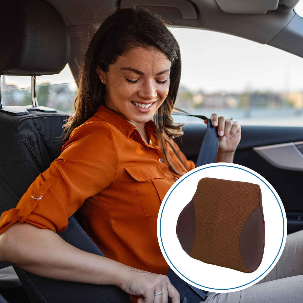 Lumbar Cushion for Car Seat - Memory Foam Support (36x39.5x9cm) Brown