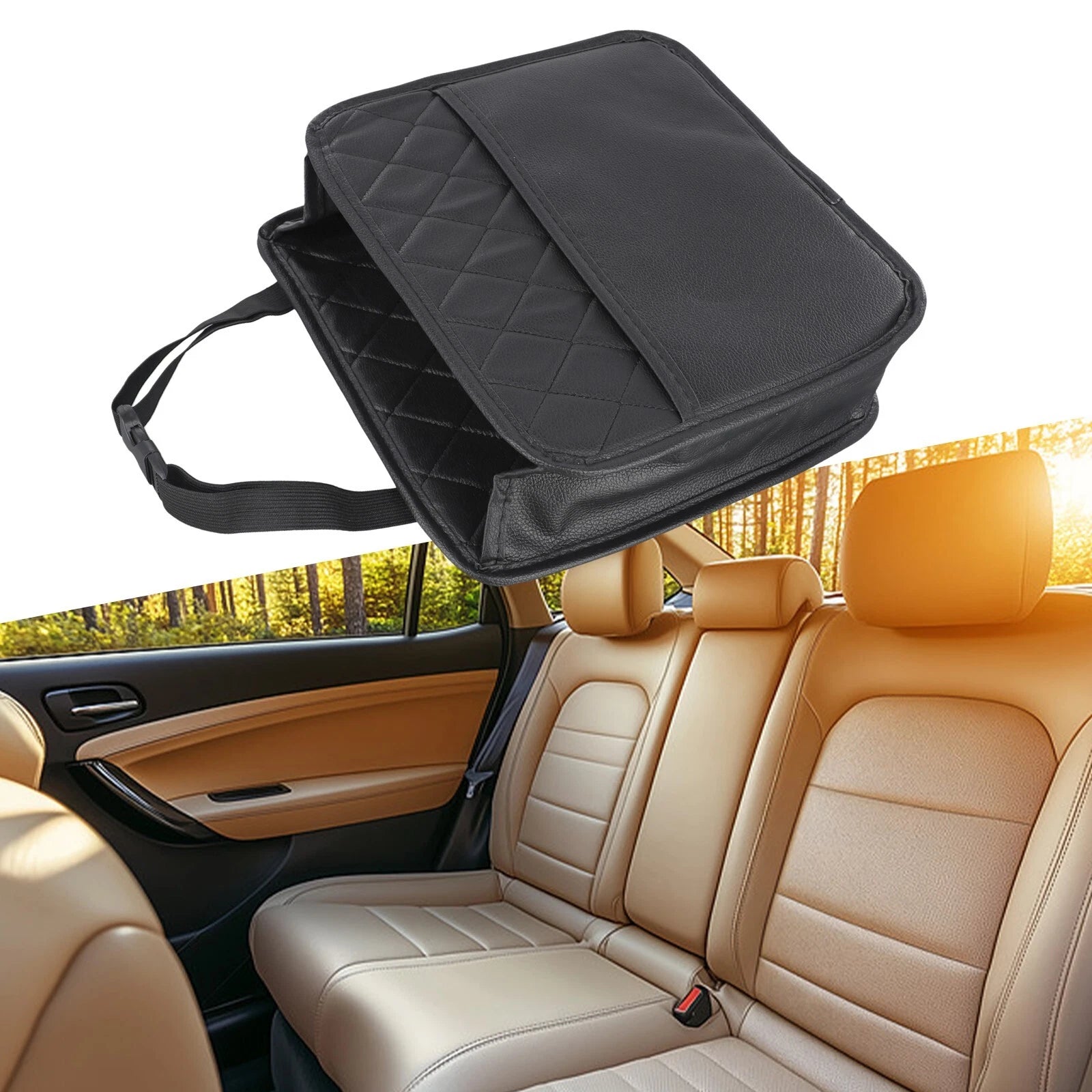 Black Leather Car Seat Back Storage Bag for Most Models