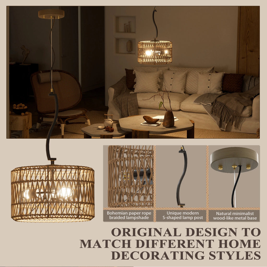 3-Light LED Pendant Light Fixture for Boho Rattan Woven Design