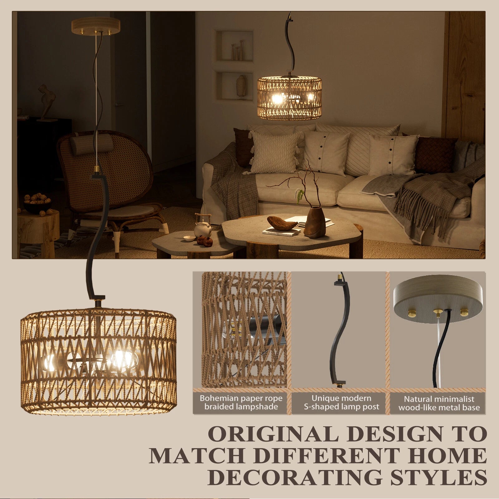 3-Light LED Pendant Light Fixture for Boho Rattan Woven Design