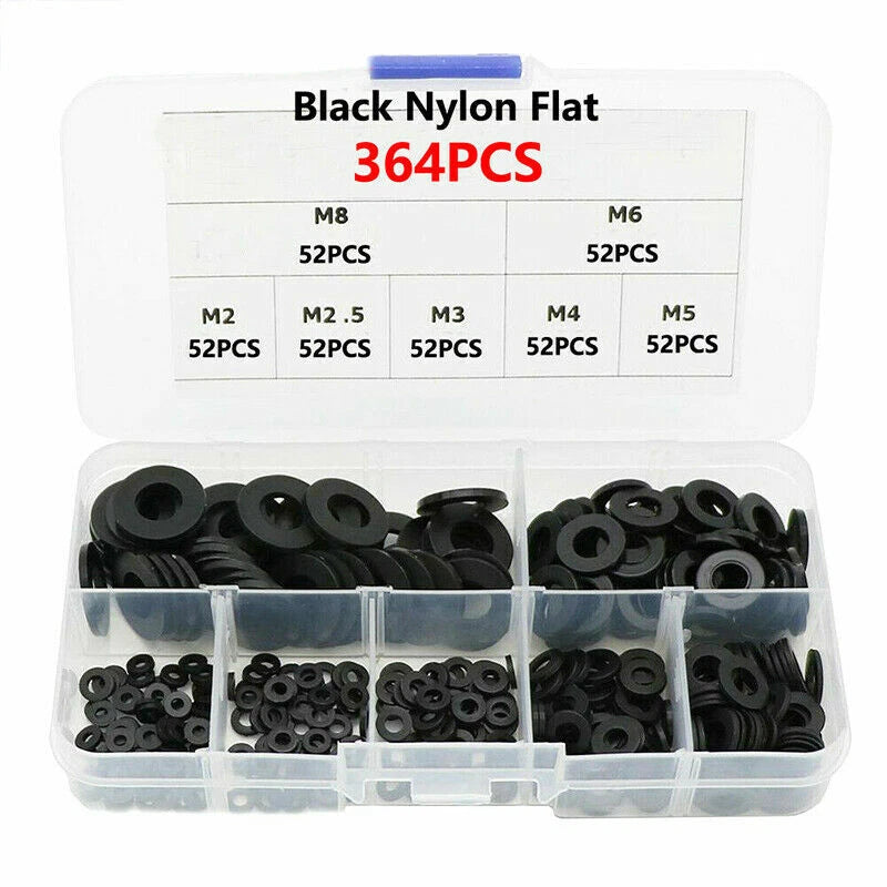 364 Pcs Black Nylon Rubber Flat Ring Washer Gaskets for Metric Bolts (M2-M8)