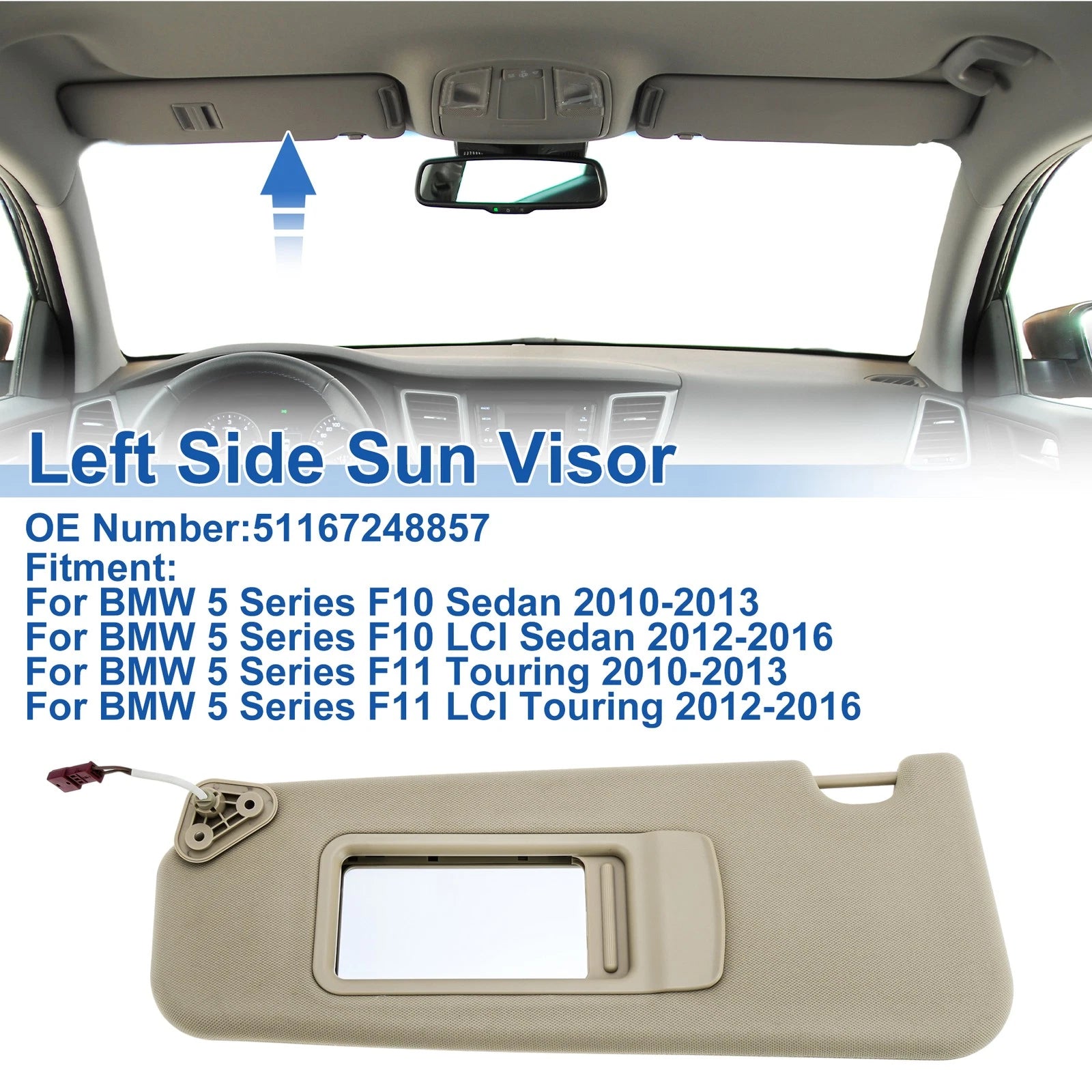 Left Side Sun Visor for BMW 5 Series F10 Sedan Beige Front (2011–2016)